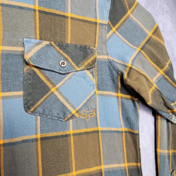 Fox Plaid Long Sleeve Flannel Shirt Mens Size L Blue Brown Gold - Picture 12 of 16